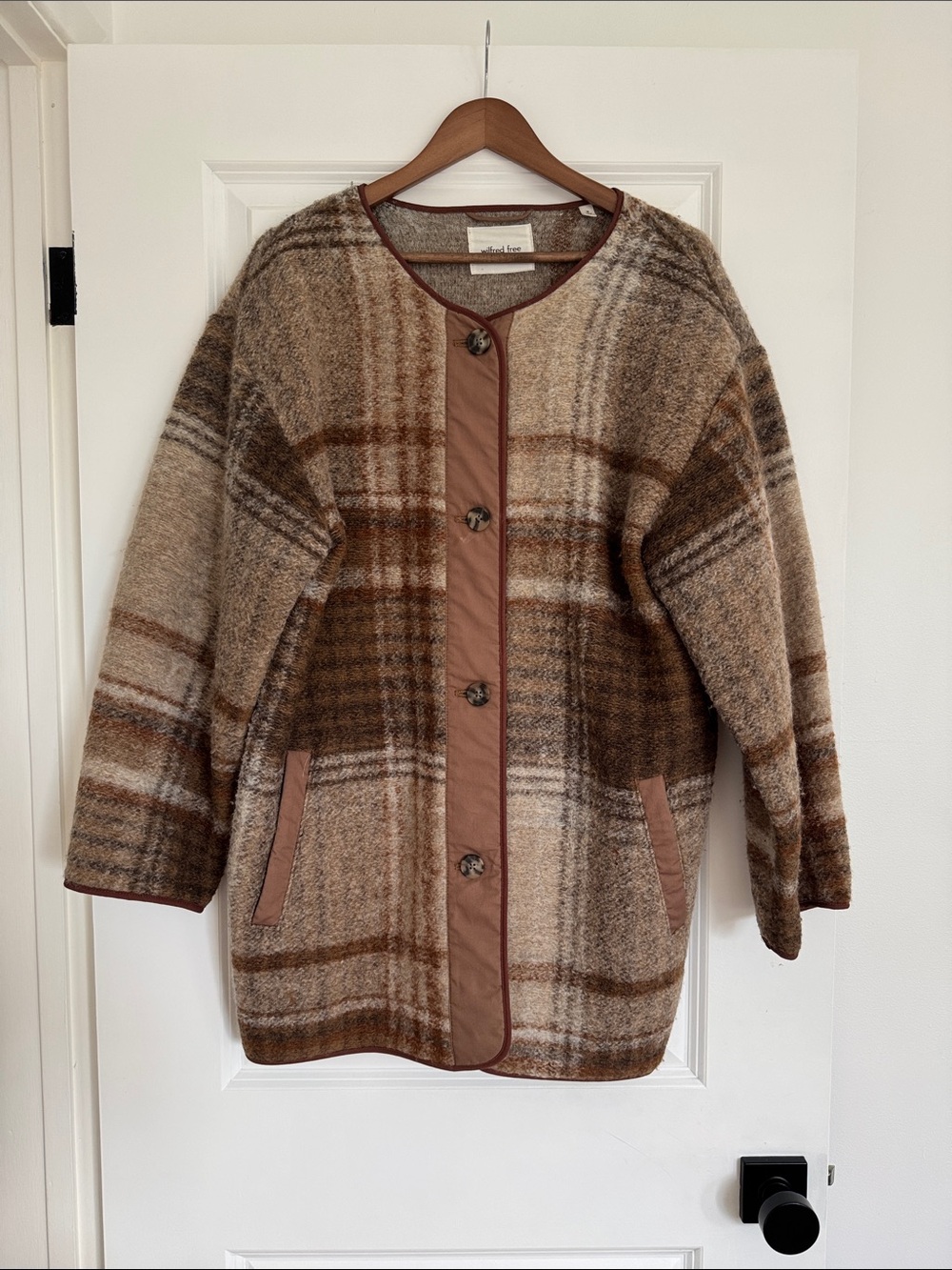 Wilfred Brown Plaid Button-Up Sweater Jacket